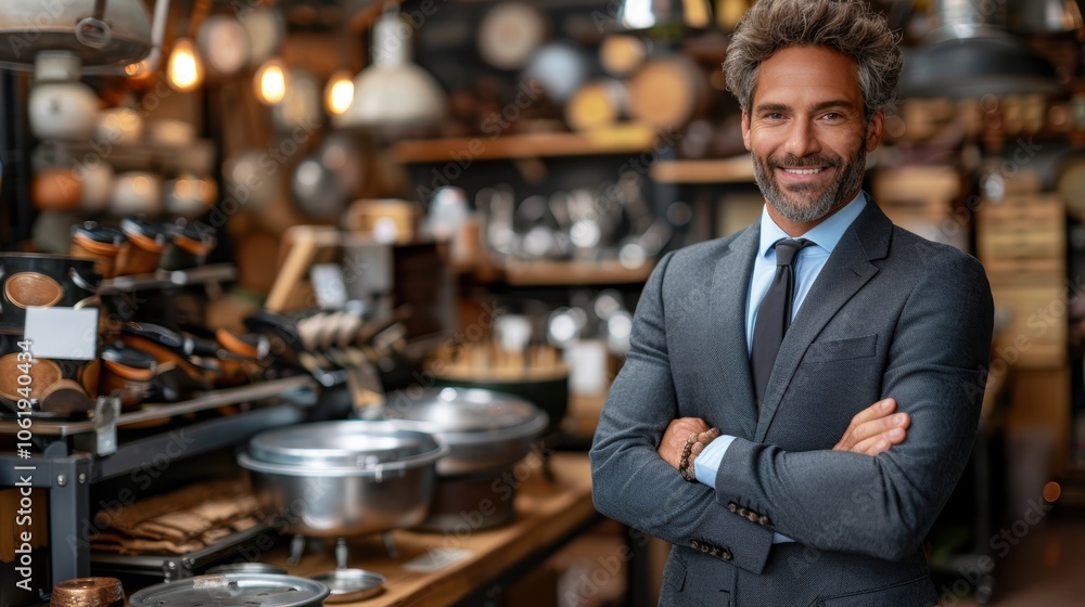A distinguished businessman stands confidently in a well-lit high-end kitchen store, surrounded by luxurious culinary tools and elegantly displayed cookware A distinguished businessman stands confidently in a well-lit high-end kitchen store, surrounded by luxurious culinary tools and elegantly displayed cookware