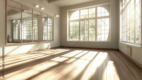 Bright Empty Room with Large Windows and Wooden Floor