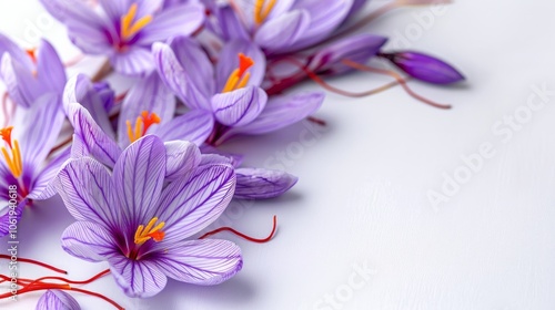 delicate purple saffron flowers with their orange stigmas photo