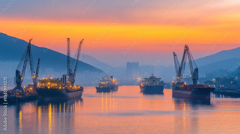 Sunset Over Shipping Vessels in Calm Waters Sunset Over Shipping Vessels in Calm Waters