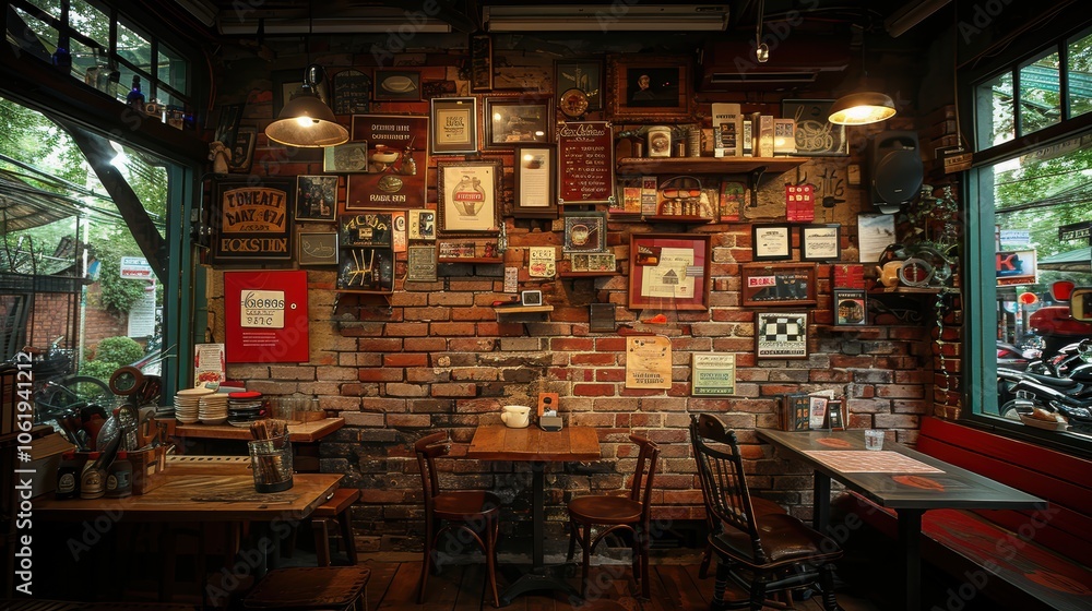 Cozy cafe interior with brick walls adorned with eclectic vintage decor, including framed pictures and memorabilia, creating an inviting and nostalgic atmosphere for patrons Cozy cafe interior with brick walls adorned with eclectic vintage decor, including framed pictures and memorabilia, creating an inviting and nostalgic atmosphere for patrons
