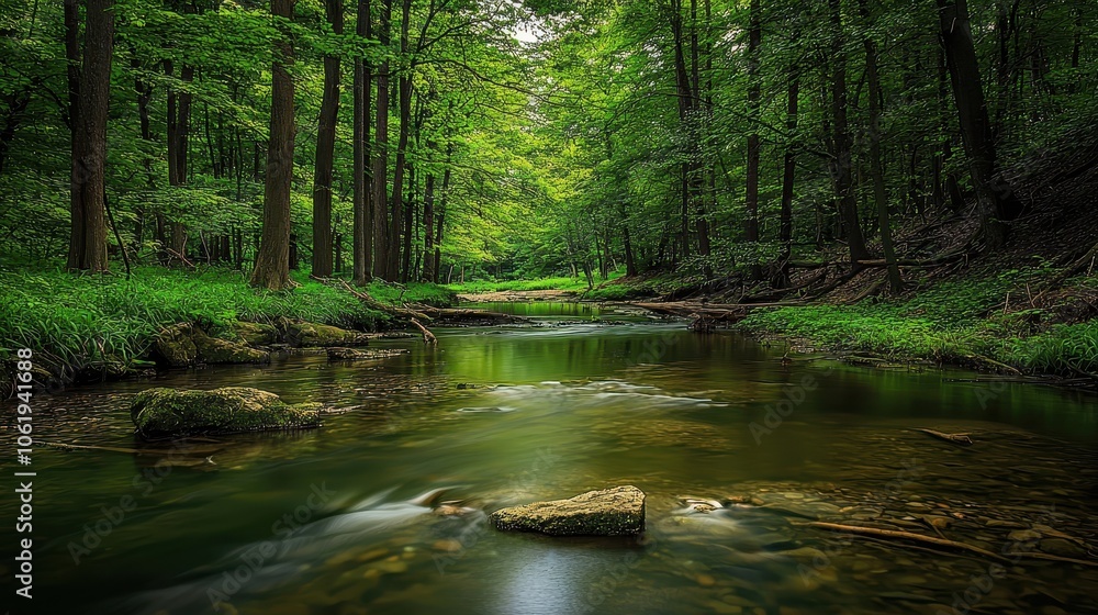 Serene Forest Stream in Lush Green Environment Serene Forest Stream in Lush Green Environment