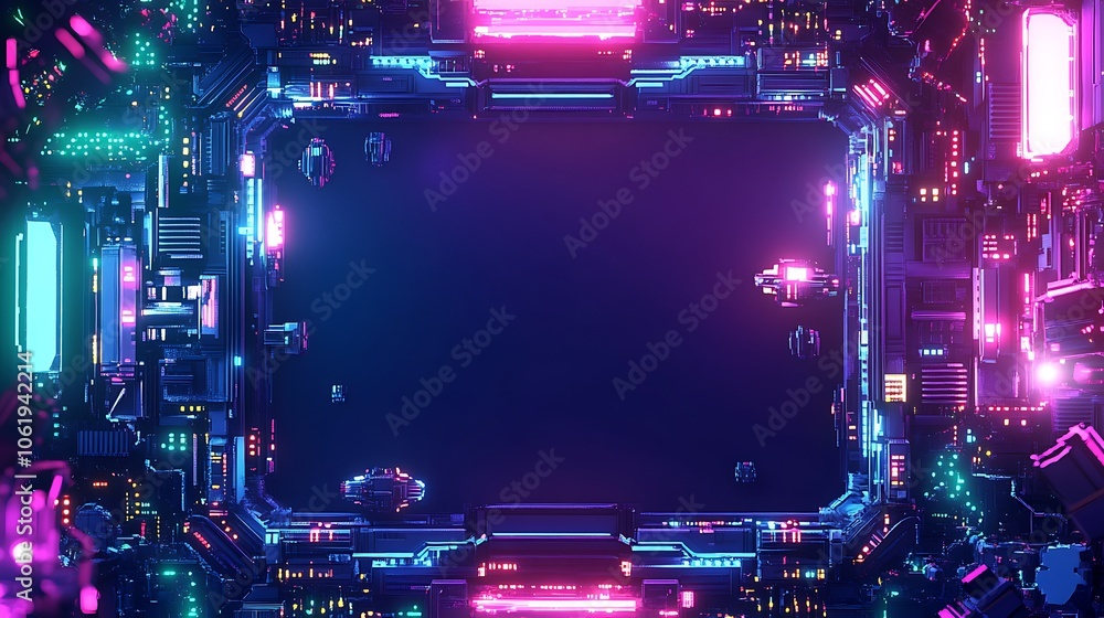 Fototapeta premium Futuristic abstract frame with neon lights and dark background.