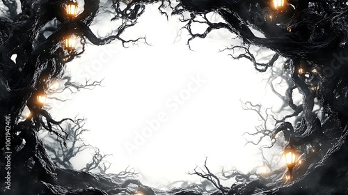 Glowing lanterns illuminate a circular frame of gnarled tree branches against a white background.