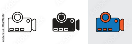 Vector video camera icon for film recording, cinema symbols, media reel playback and multimedia graphics