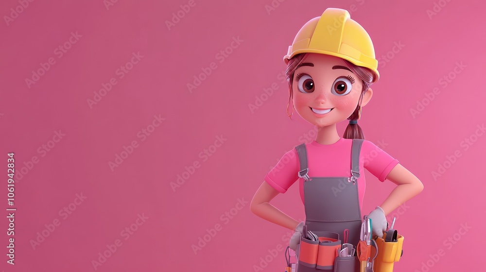 A cheerful cartoon girl in a hard hat and tools, promoting construction and teamwork. A cheerful cartoon girl in a hard hat and tools, promoting construction and teamwork.