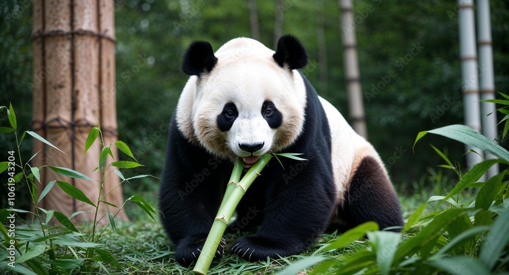 Panda eating bamboo in a forest Panda eating bamboo in a forest