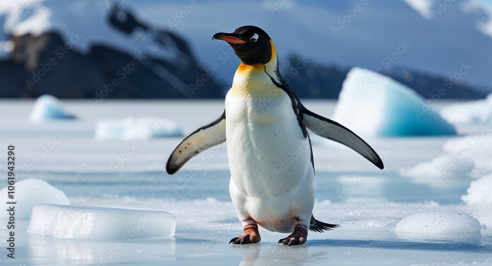 Fototapeta premium Penguin sliding on ice 