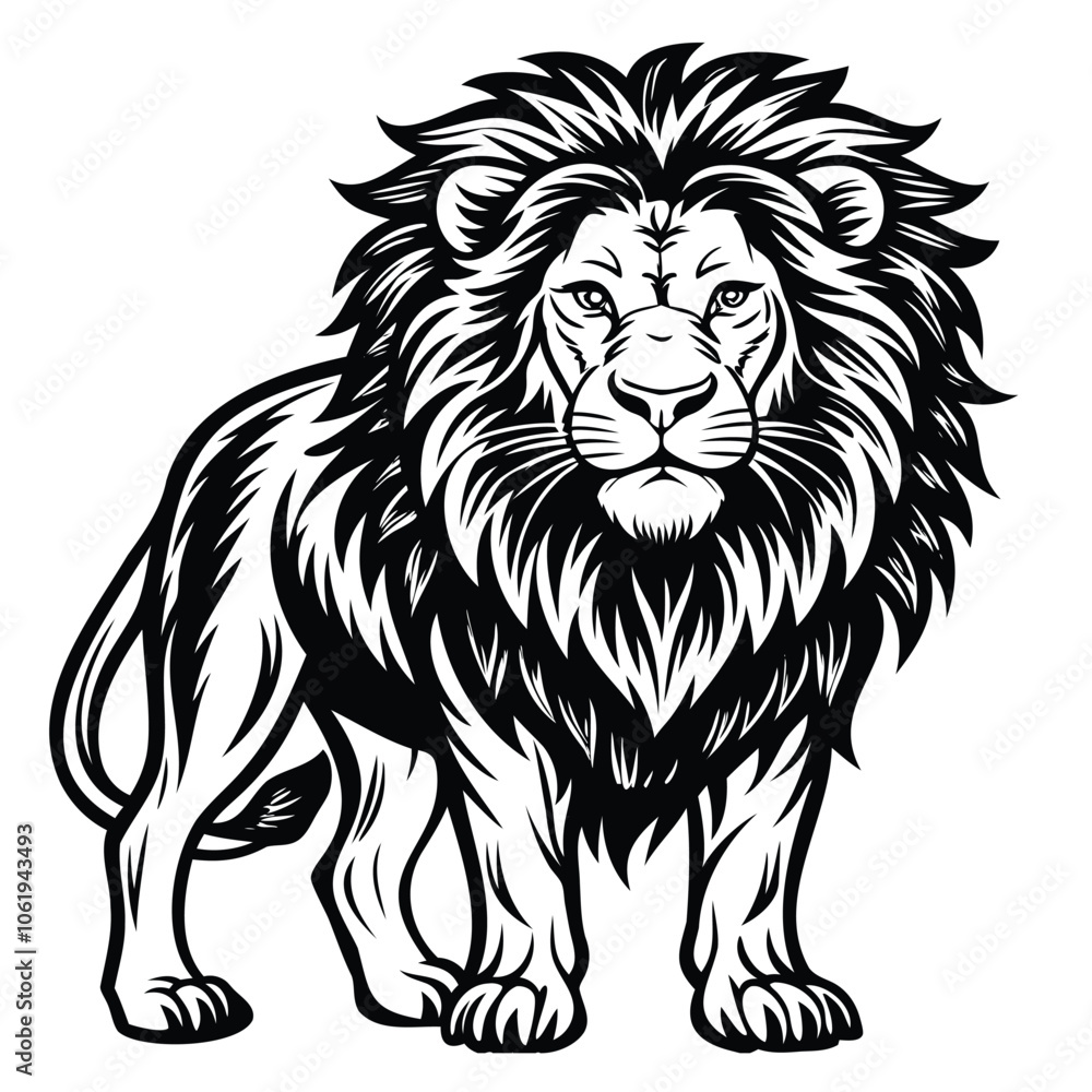 Fototapeta premium Black and White Lion Illustration with Detailed Mane