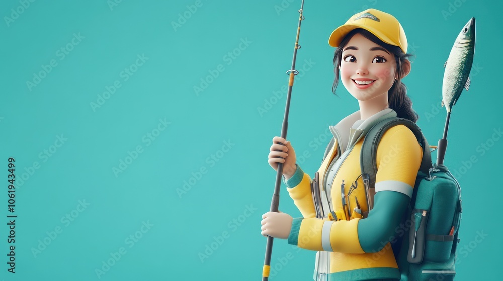 A cheerful young woman holding a fishing rod, ready for an outdoor fishing adventure. A cheerful young woman holding a fishing rod, ready for an outdoor fishing adventure.