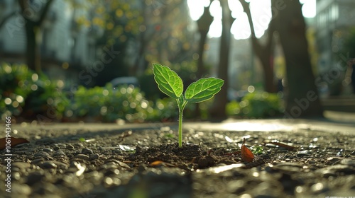 Fototapeta Naklejka Na Ścianę i Meble -  A small green plant seedling emerges from the soil, surrounded by a vibrant urban environment, depicting the harmony between nature and city life
