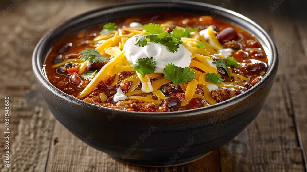 A hearty bowl of chili topped with shredded cheddar cheese, sour cream, and fresh cilantro A hearty bowl of chili topped with shredded cheddar cheese, sour cream, and fresh cilantro