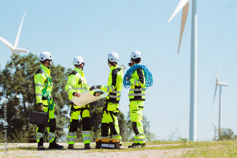 Team of electrical engineer is perform the inspection and maintenance of electric generating windmill turbine. Team of electrical engineer is perform the inspection and maintenance of electric generating windmill turbine.