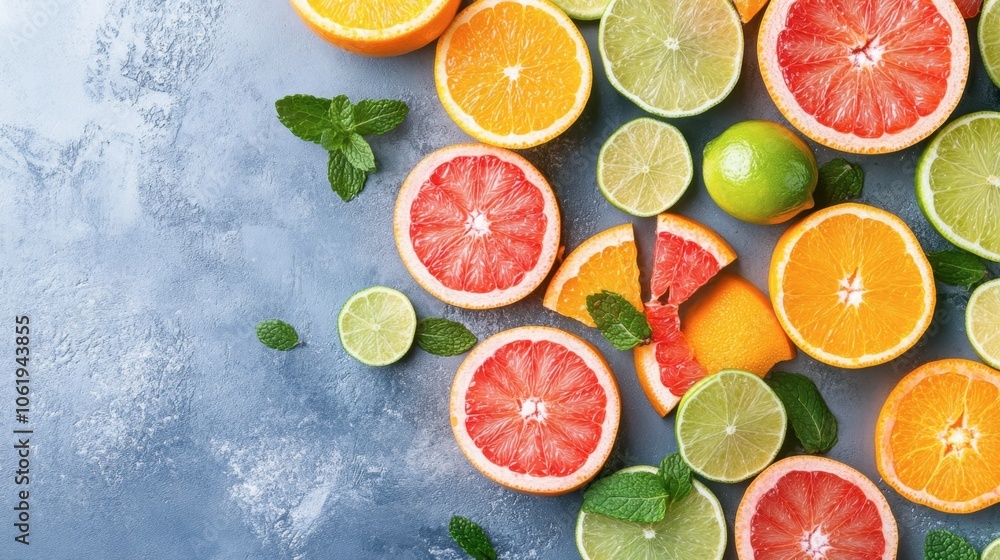 Vibrant Citrus Fruits on a Blue Background Vibrant Citrus Fruits on a Blue Background