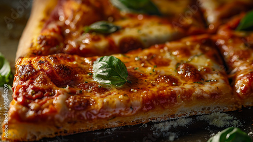 A slice of classic New York pizza with a thin crust, melted mozzarella, and tangy marinara sauce