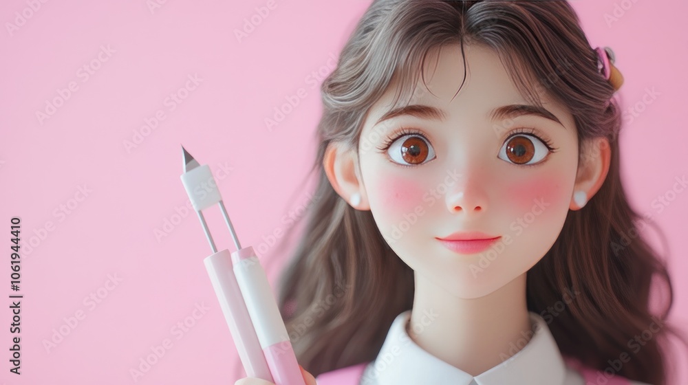 A digital character with a pink background holding a pen, exuding a cheerful vibe. A digital character with a pink background holding a pen, exuding a cheerful vibe.