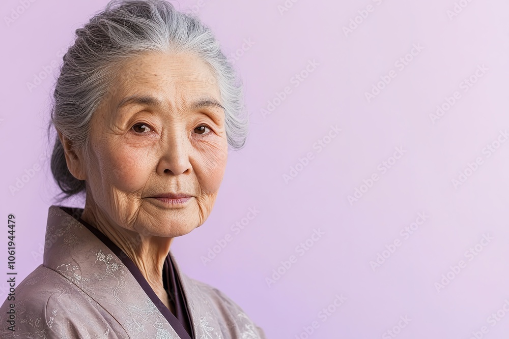 Elderly Asian woman in traditional attire with graceful poise Elderly Asian woman in traditional attire with graceful poise