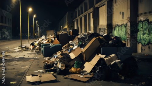 Urban alleyway littered with garbage bags, food waste, and debris highlighting issues of waste management and pollution photo