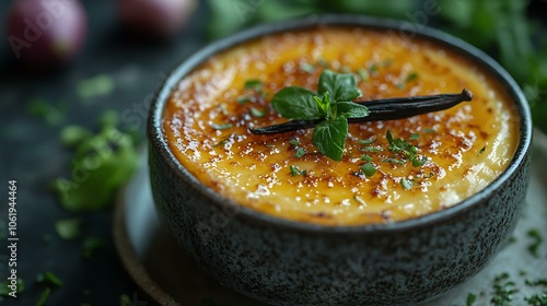 Classic crÃ¨me brÃ»lÃ©e with a golden caramelized crust and vanilla bean garnish photo