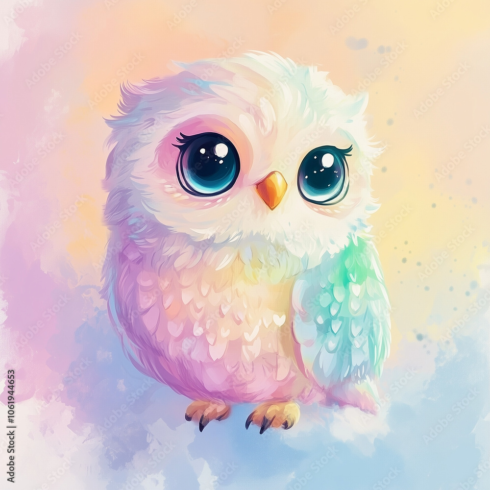 A pastel-colored cute owl illustration with large expressive eyes against a soft gradient background A pastel-colored cute owl illustration with large expressive eyes against a soft gradient background