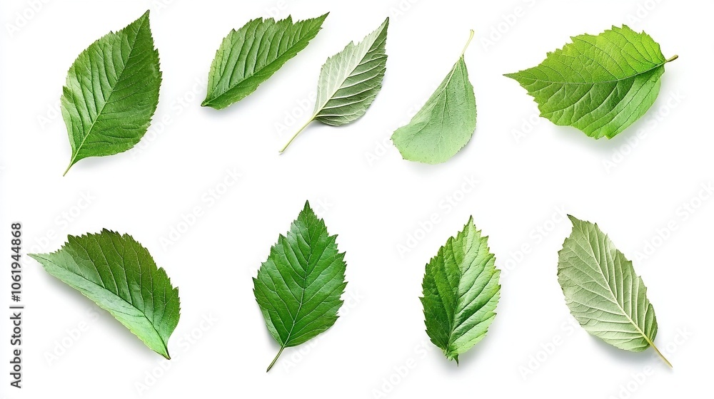 Flying green leaves isolated on white background. Flying green leaves isolated on white background.