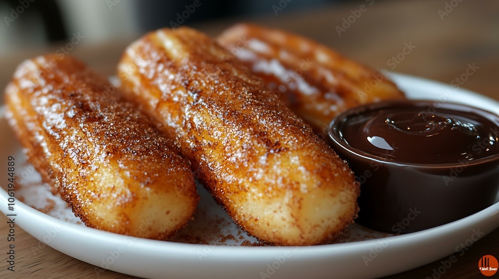 Golden churros with cinnamon sugar coating, served with chocolate sauce Golden churros with cinnamon sugar coating, served with chocolate sauce