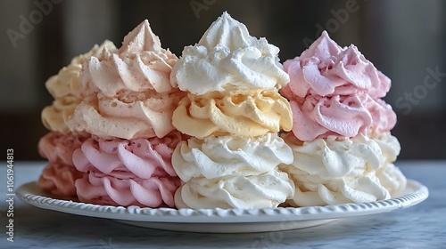 Fluffy meringues in pastel colors, stacked on a white plate