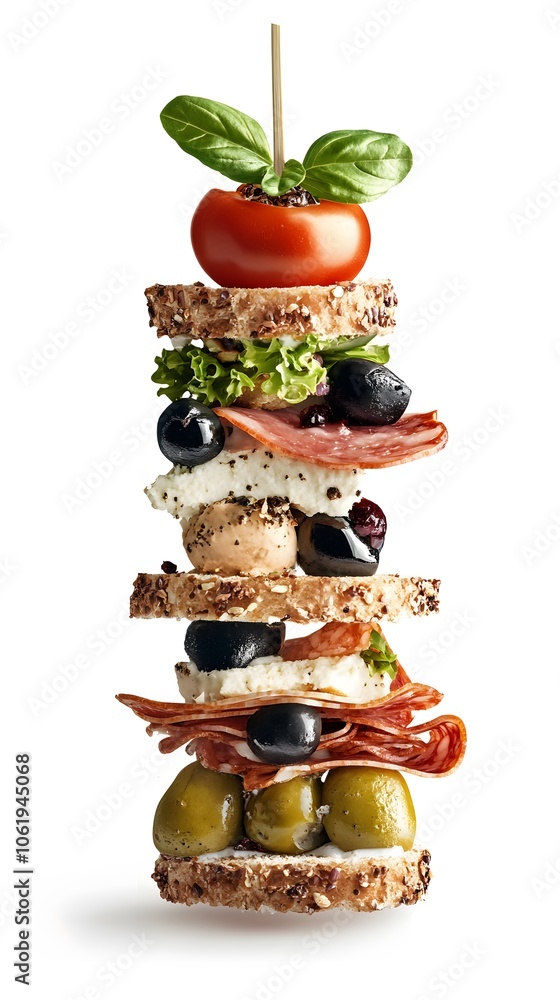 Obraz premium Food, Club Sandwich, Photo Realistic, on White Background, Abstract Image, Texture, Pattern Background, Wallpaper, Cover and Screen of Smartphone, PC, Laptop, 9:16 and 16:9 Format