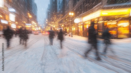 Winter Rush Hour in the Urban Wonderland: Commuters in Snowy City Scene Amidst Festive Lights