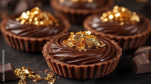 Mini chocolate tarts with rich chocolate filling and edible gold leaf decoration