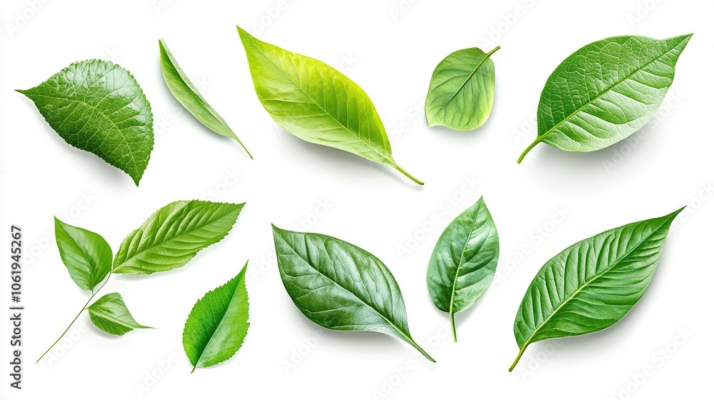 Flying green leaves isolated on white background. Flying green leaves isolated on white background.