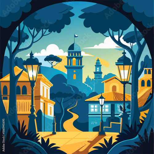 Colorful Village Illustration with Tower and Trees