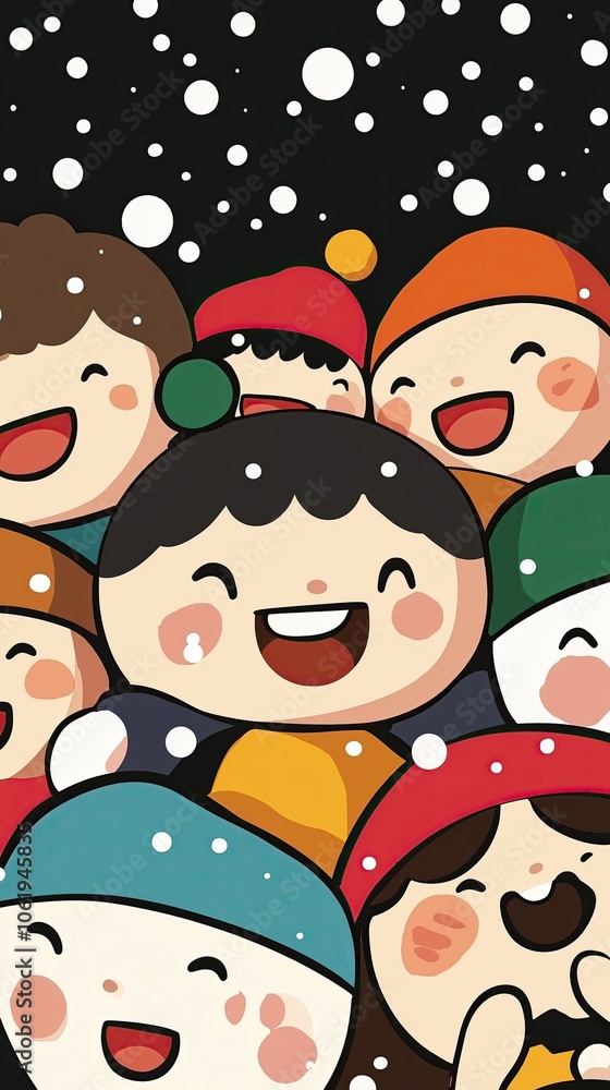 Fototapeta premium Joyful cartoon characters celebrating winter in colorful beanies