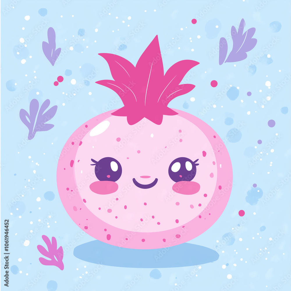 Kawaii illustration of a cheerful pomegranate surrounded by playful leaves and dots on a soft blue background Kawaii illustration of a cheerful pomegranate surrounded by playful leaves and dots on a soft blue background