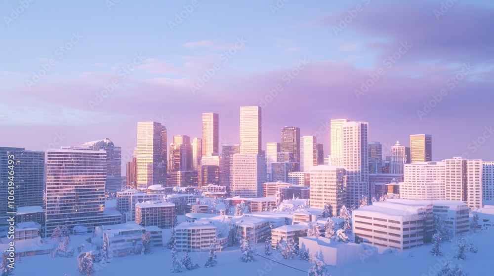 Twilight Snowy Skyline: Glowing Sunlight on Urban Winter Scene with Snowflakes - Detailed Cityscape at Dusk Twilight Snowy Skyline: Glowing Sunlight on Urban Winter Scene with Snowflakes - Detailed Cityscape at Dusk
