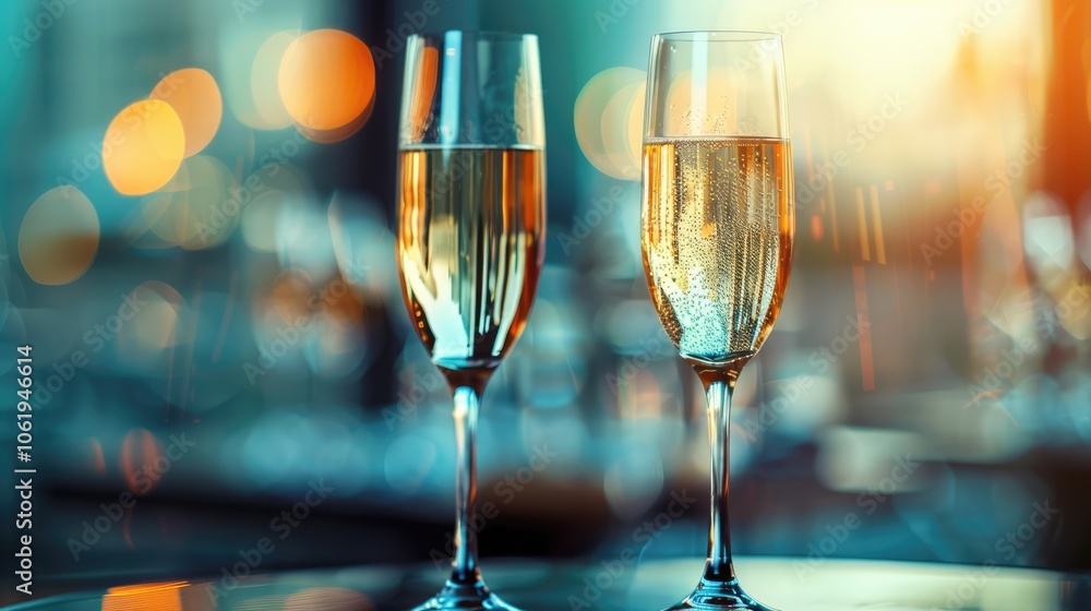 Champagne glasses on table with blurred background. Text space Champagne glasses on table with blurred background. Text space