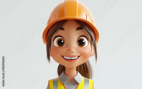 A cute 3D cartoon character of a female construction worker, wearing a hard hat and safety vest, smiling brightly against a clean white background photo