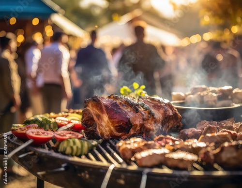 Flavorful meats sizzling on the grill amid a lively outdoor party atmosphere. Generative AI