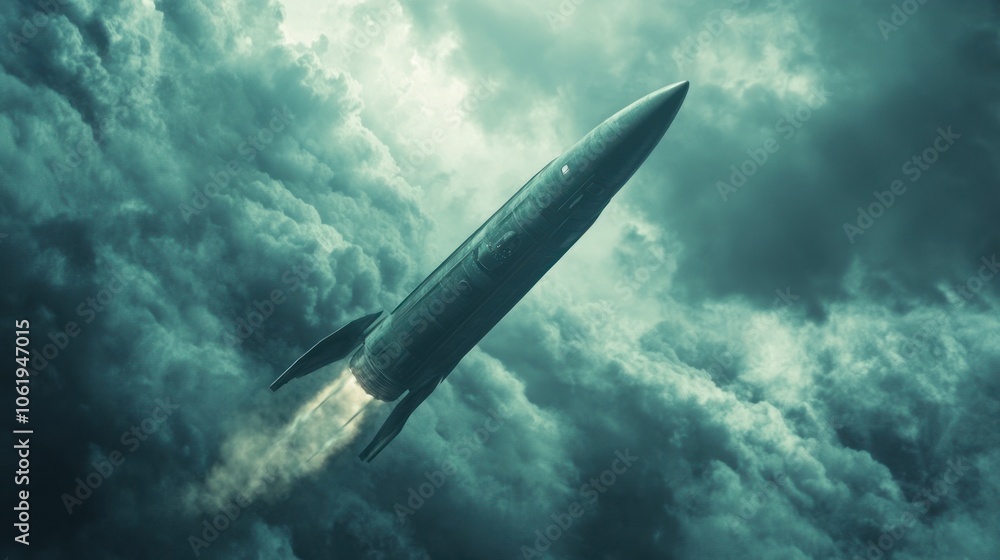 Fototapeta premium Powerful missile with aerodynamic shape and visible warhead, showcasing advanced weaponry, on a stormy sky background