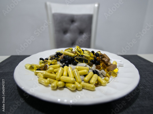 an assortment of different sized pills, vitamins, and supplements on a plate.
