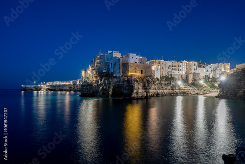 The Lama Monachile Bay night view in Polignano a Mare Town of Italy