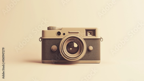 A retro-styled beige camera showcasing its prominent lens and detailed craftsmanship, highlighting a sense of nostalgia and classic photographic elegance.