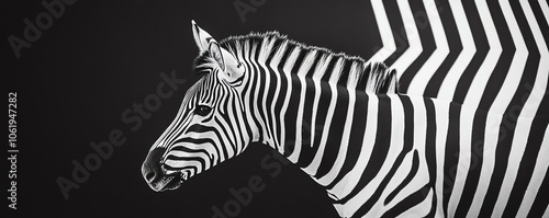 Zèbre en noir et blanc sur fond sombre avec motif géométrique.