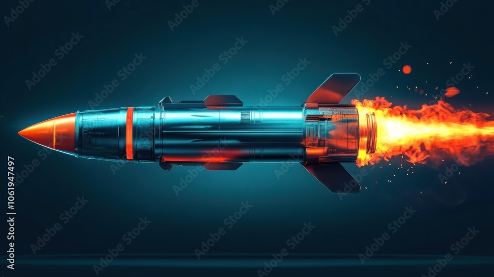Powerful missile with detailed warhead and metallic finish, representing technological power, on a plain background Powerful missile with detailed warhead and metallic finish, representing technological power, on a plain background