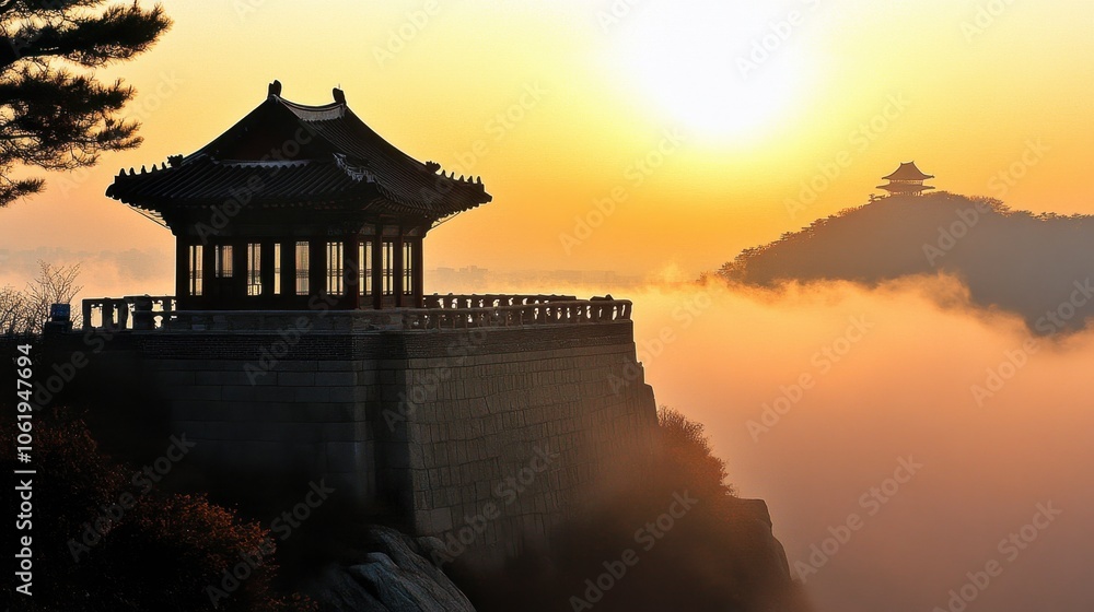 custom made wallpaper toronto digitalSerene Sunrise Over Misty Landscape and Historic Building