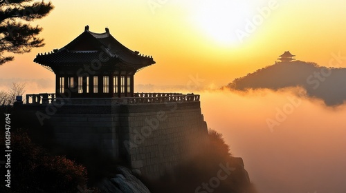 Wallpaper Mural Serene Sunrise Over Misty Landscape and Historic Building Torontodigital.ca