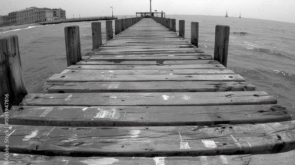 Obraz premium Long wooden pier stretching into the calm, vast ocean with distant sailboats on the horizon, set against a serene and overcast sky in a peaceful coastal setting