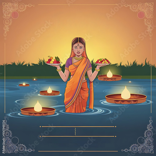 Chhath Puja Indian Bihari festival celebration traditional background vector illustration with space text. Women doing prayer of sunrise site by ai photo