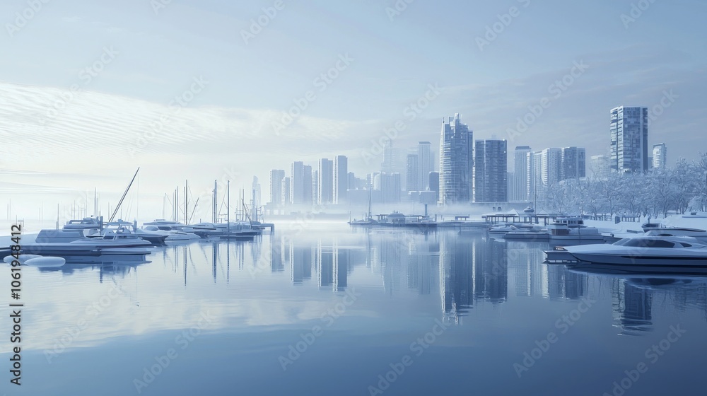 Naklejka premium Serene Winter Scene: Snowy Waterfront with Boats in Icy Harbor Reflecting City Skyline | Ultra-Detailed Tranquil Cityscape
