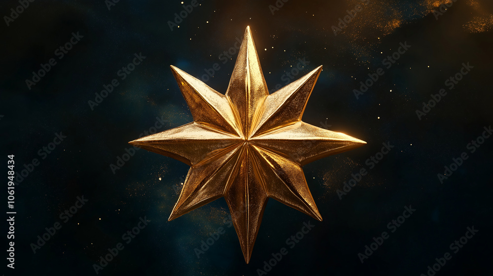 An elegant golden eight-point star is centrally featured against a cosmic space background, conveying themes of brilliance, aspiration, and celestial dreams. An elegant golden eight-point star is centrally featured against a cosmic space background, conveying themes of brilliance, aspiration, and celestial dreams.